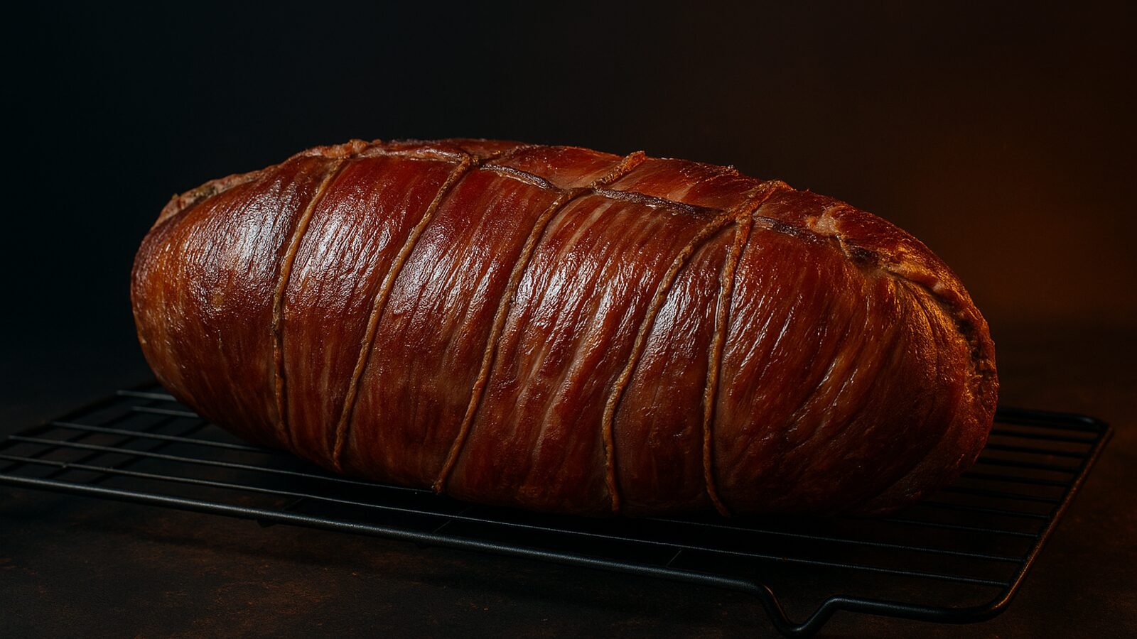 Whole trussed Armadillo Roll resting on a rack, mahogany crust after the smoke.