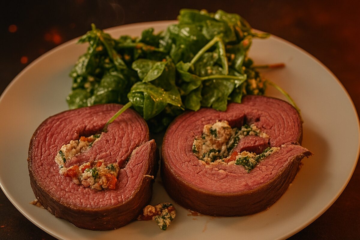 Two thick slices of Armadillo Roll showing goat cheese, basil, and red pepper filling; salad on the side.